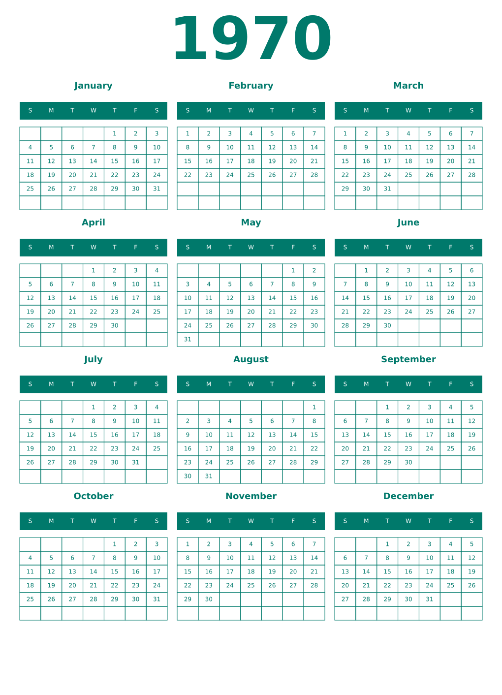 Printable 1970 Year Calendars pastel