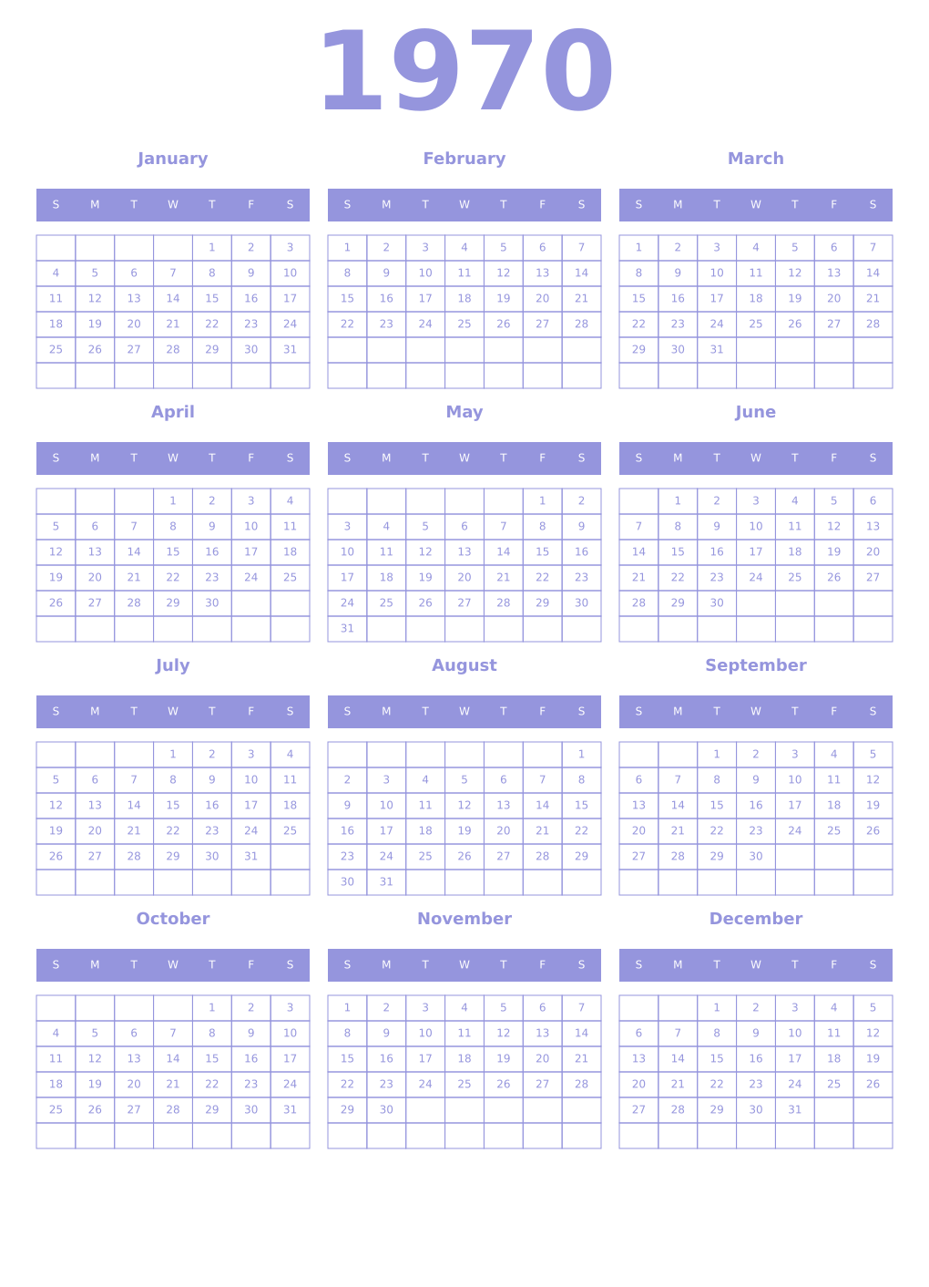 Printable 1970 Year Calendars periwinkle