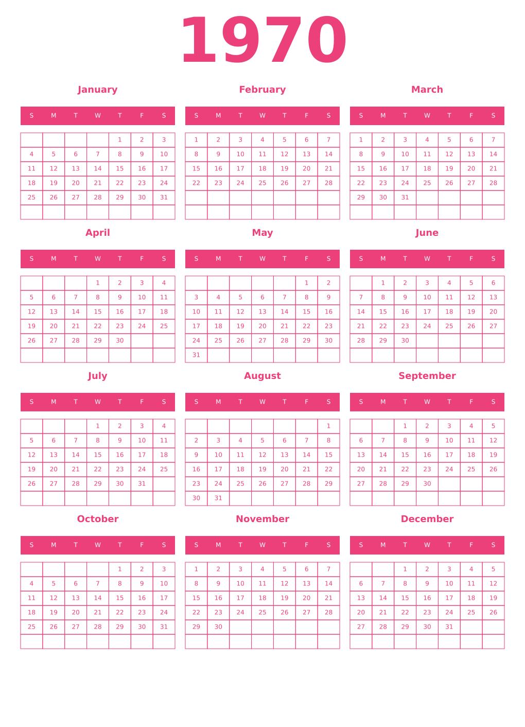 Printable 1970 Year Calendars pink
