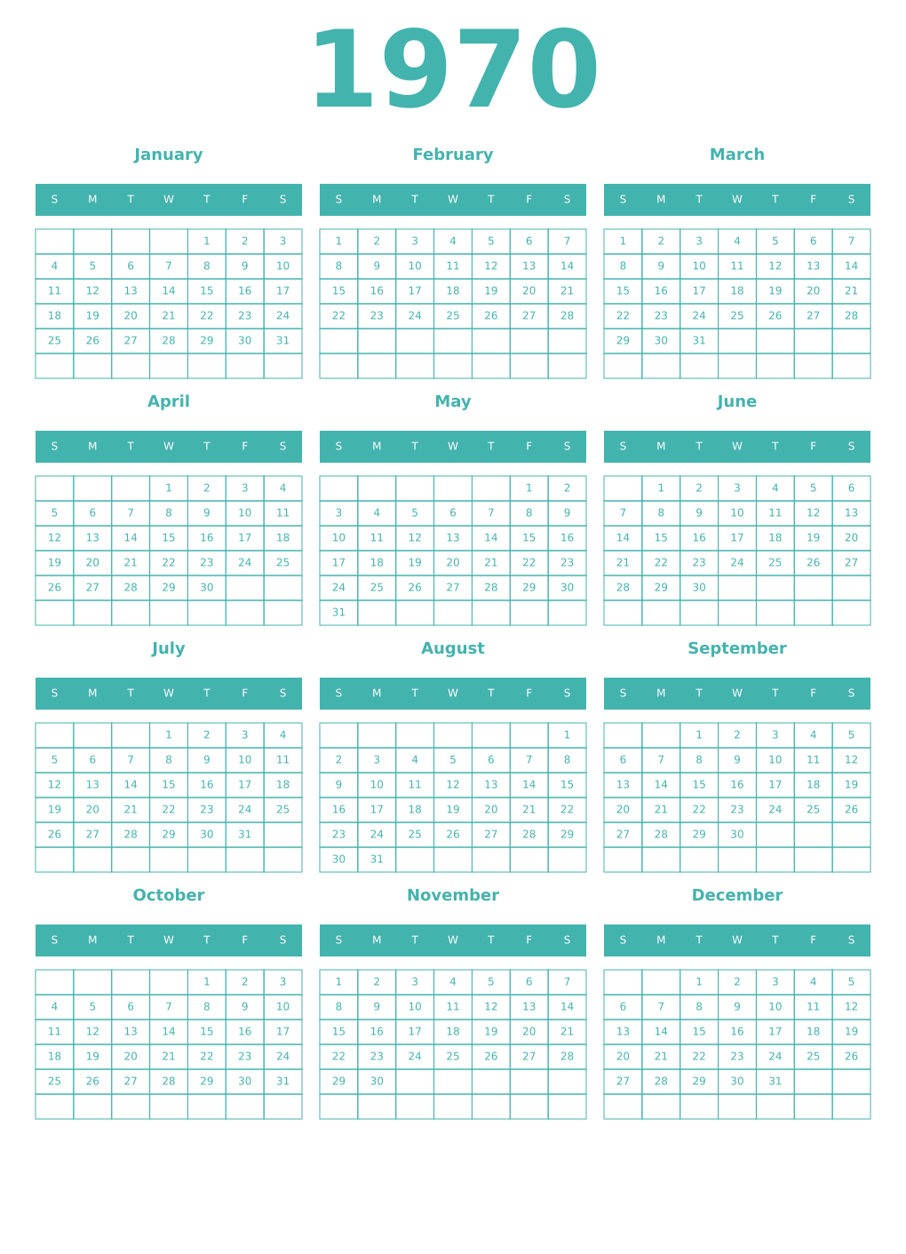 Printable 1970 Year Calendars verdigris