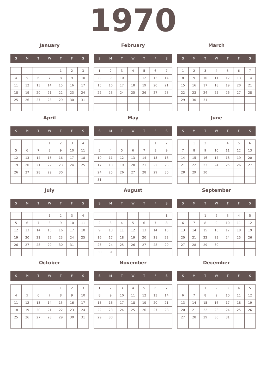 Printable 1970 Year Calendars wenge