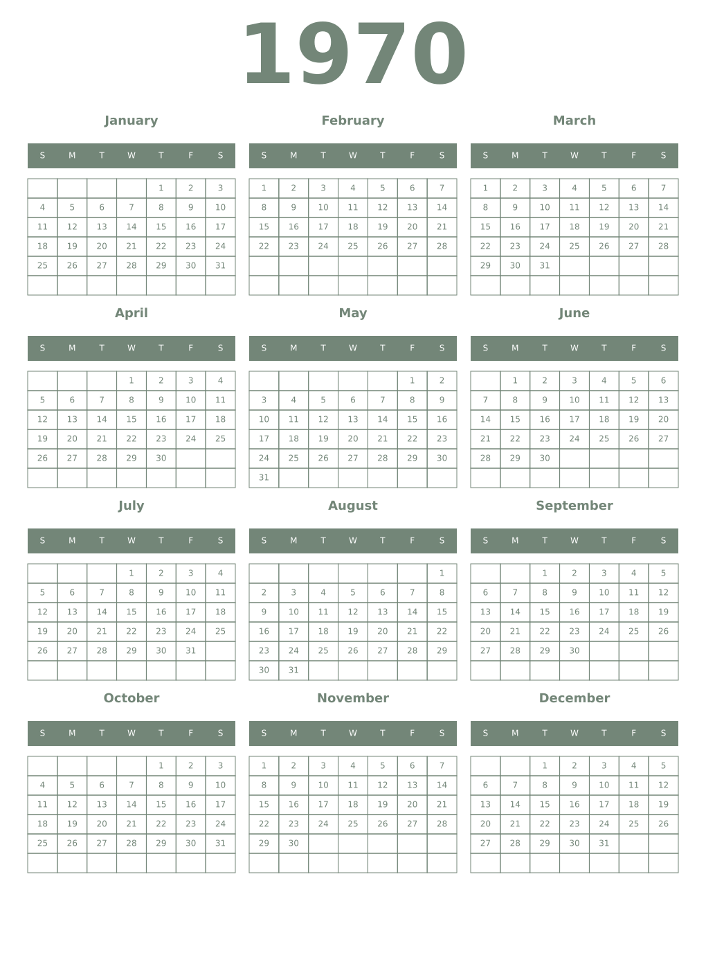 Printable 1970 Year Calendars xanadu