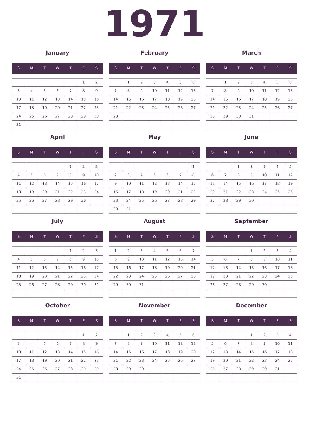 Printable 1971 Year Calendars aubergine