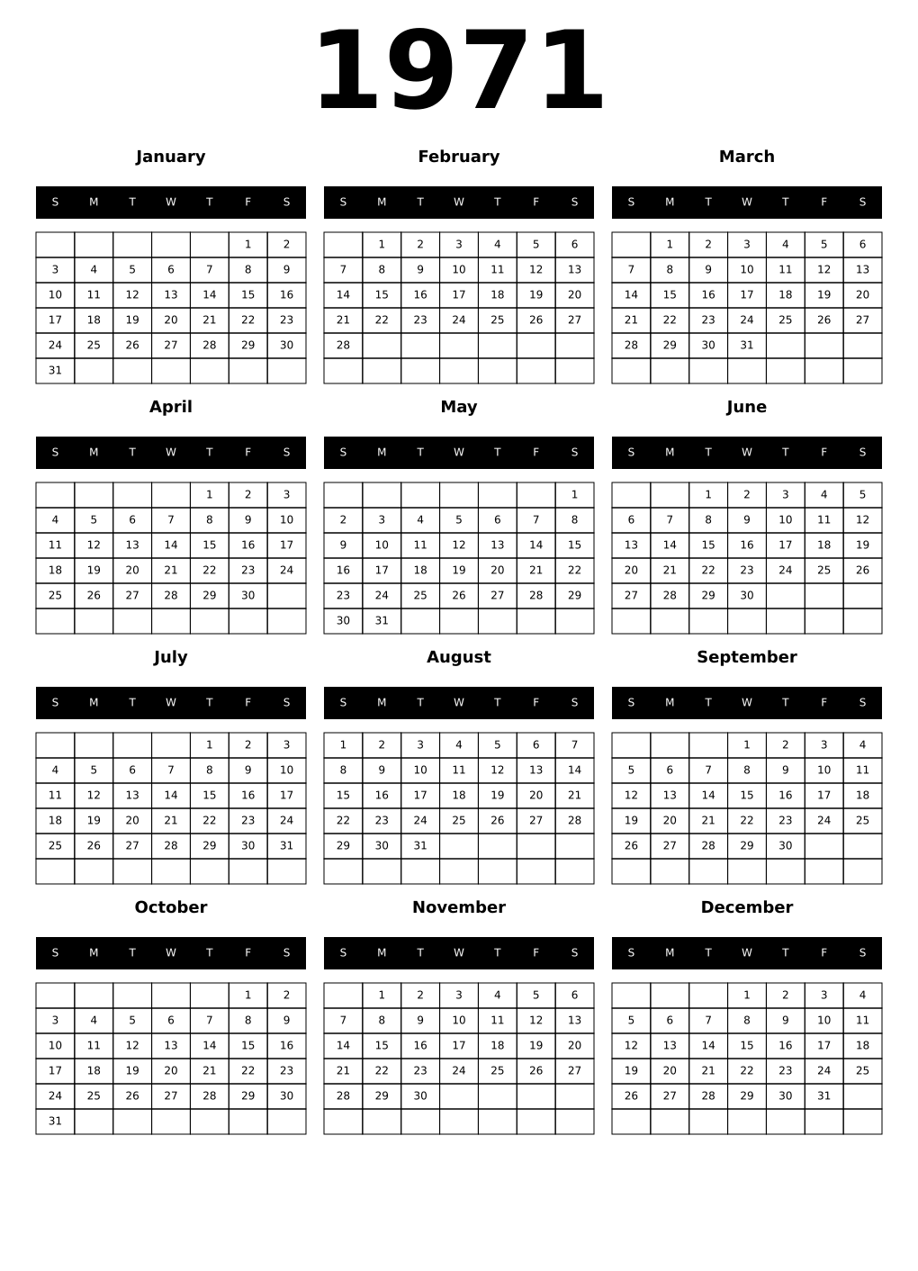 Printable 1971 Year Calendars black