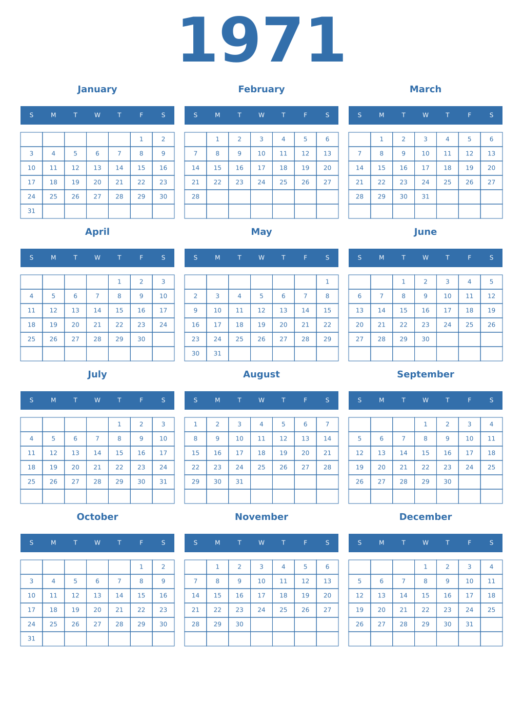Printable 1971 Year Calendars blue
