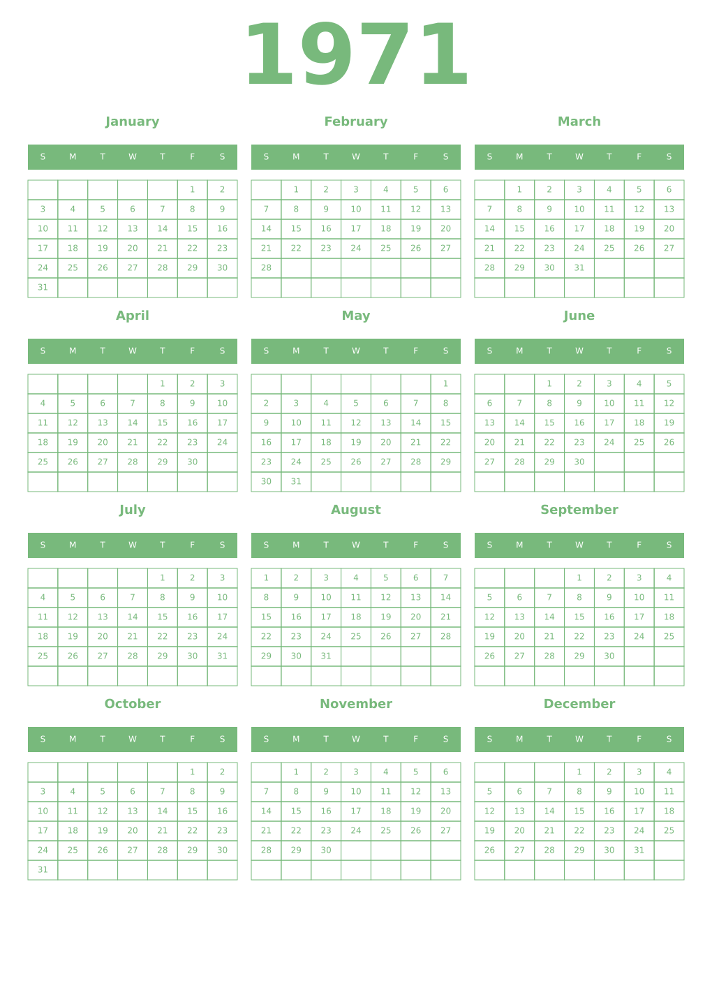 Printable 1971 Year Calendars celadon