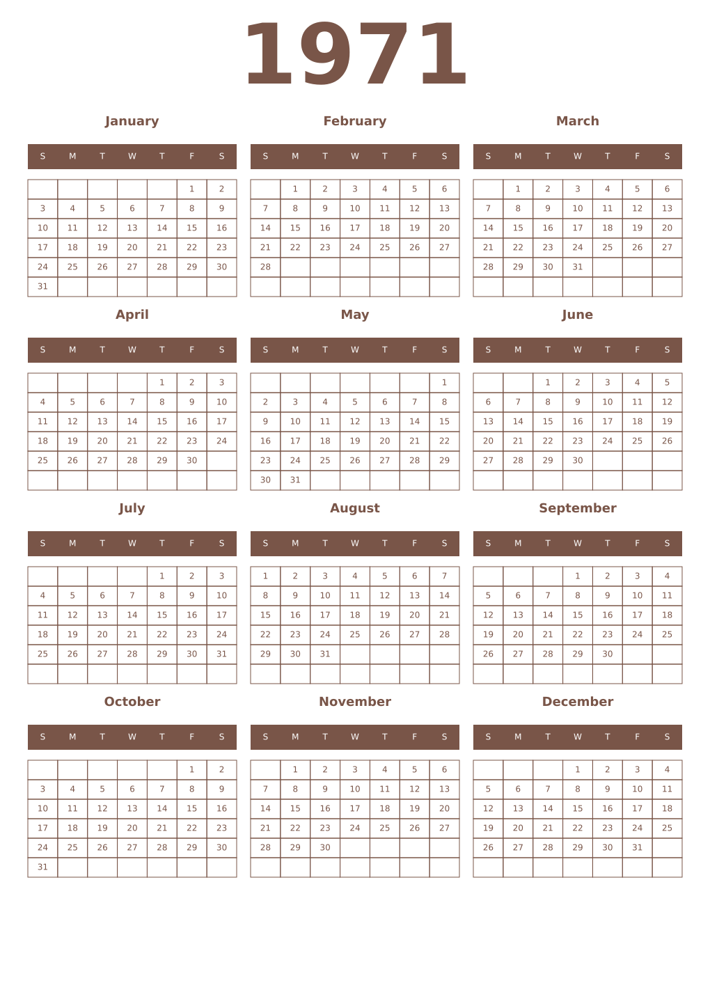 Printable 1971 Year Calendars coffe