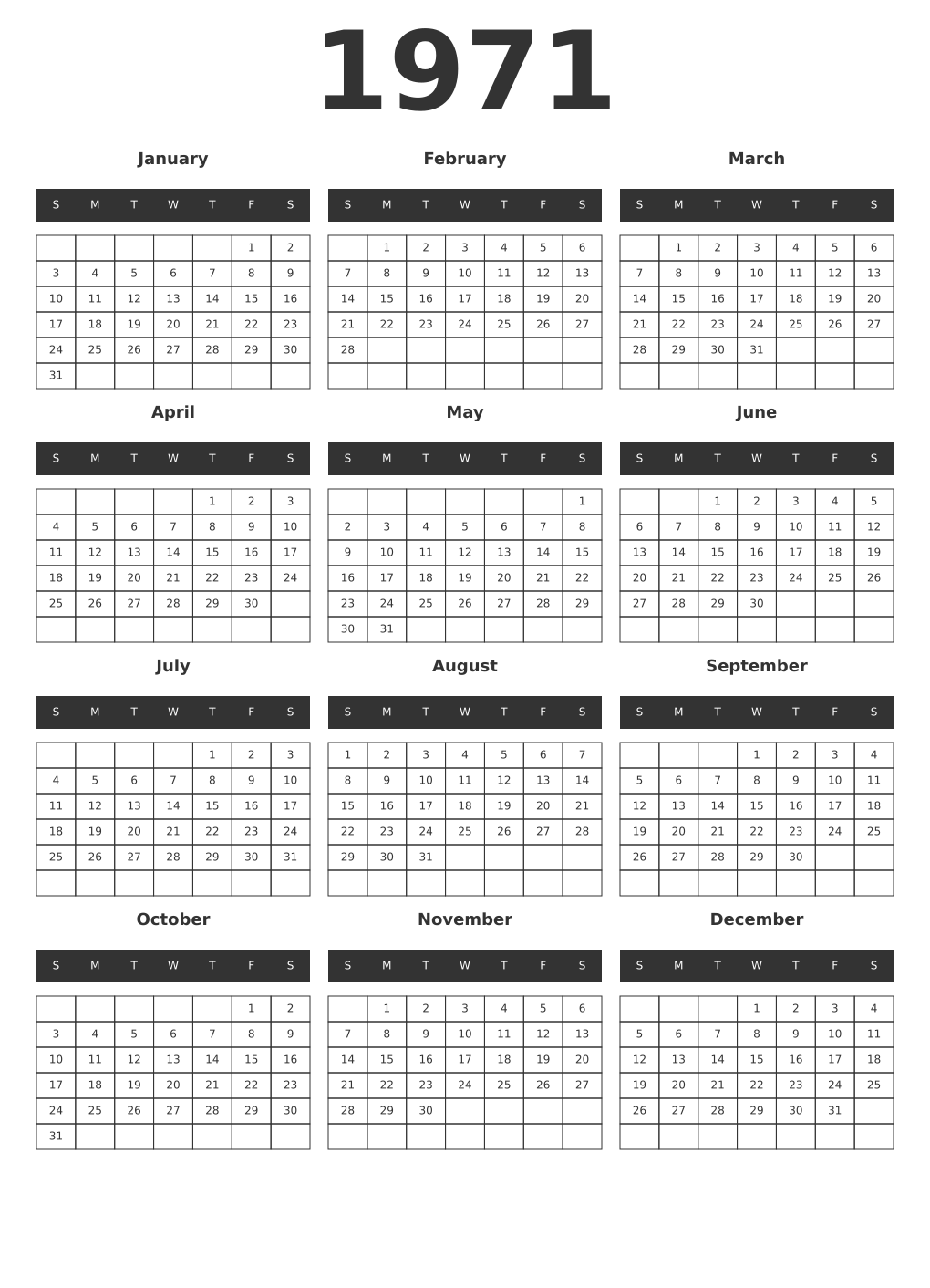 Printable 1971 Year Calendars dark