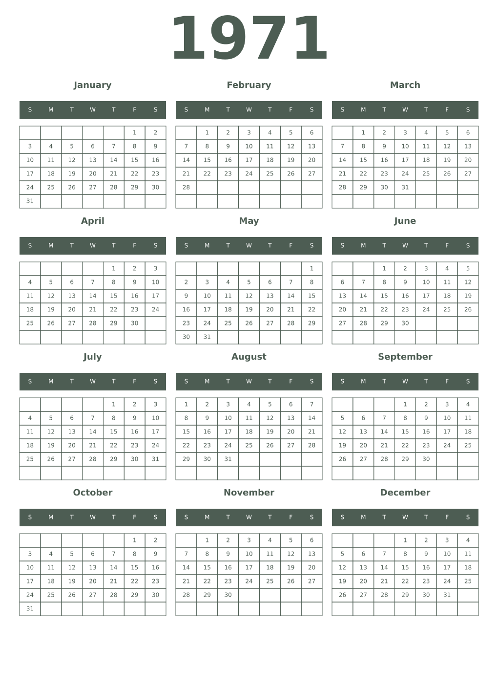 Printable 1971 Year Calendars feldgrau