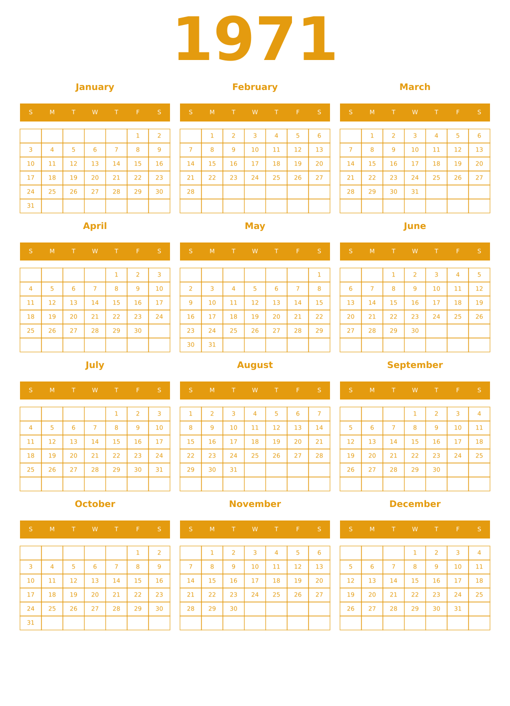 Printable 1971 Year Calendars gamboge