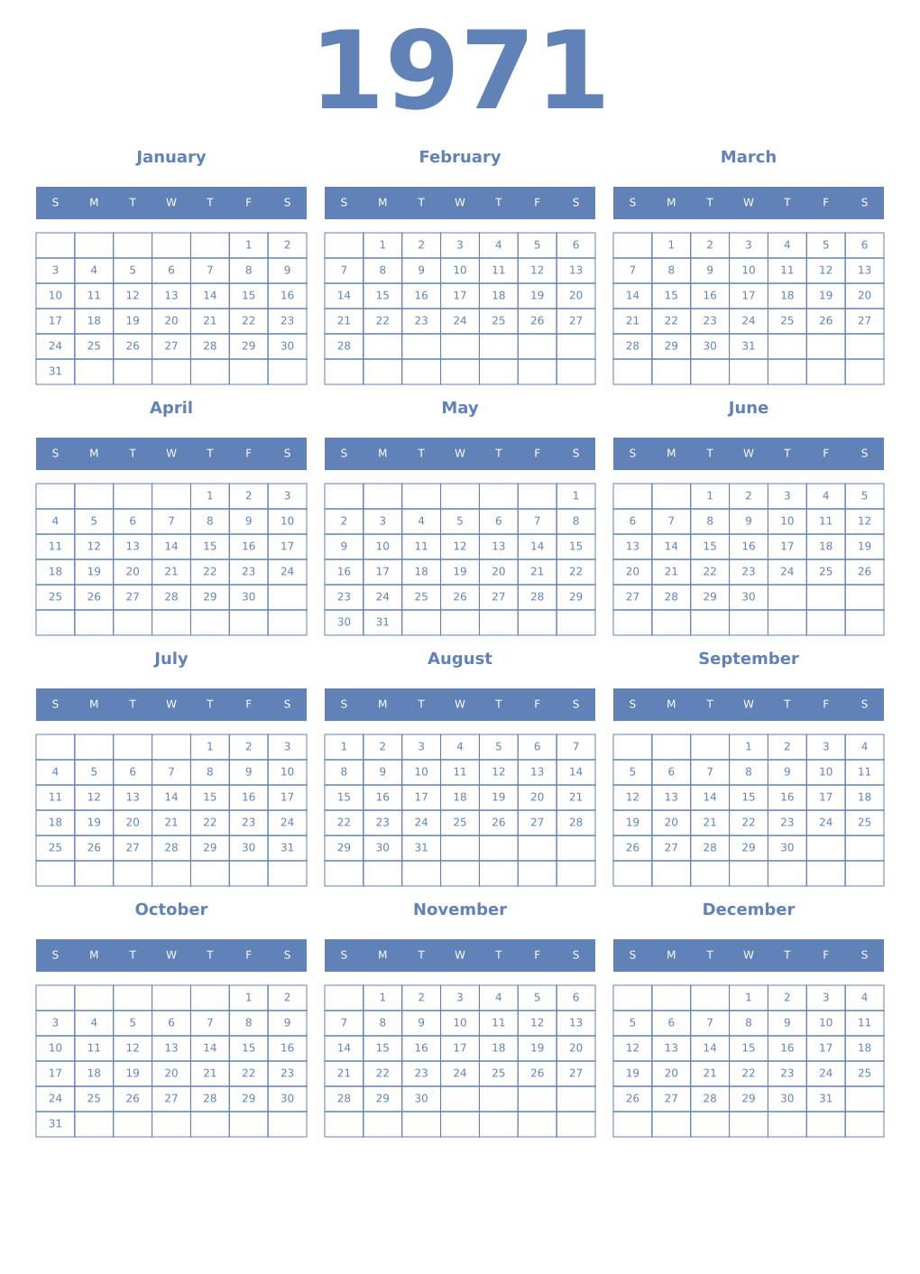 Printable 1971 Year Calendars glaucous
