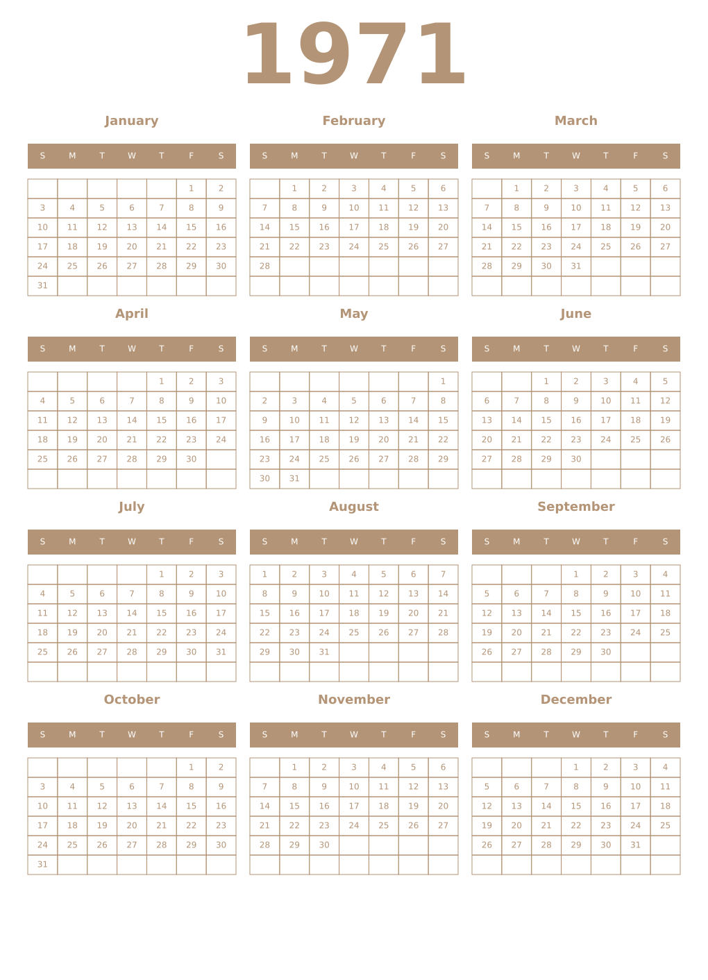 Printable 1971 Year Calendars isabelline