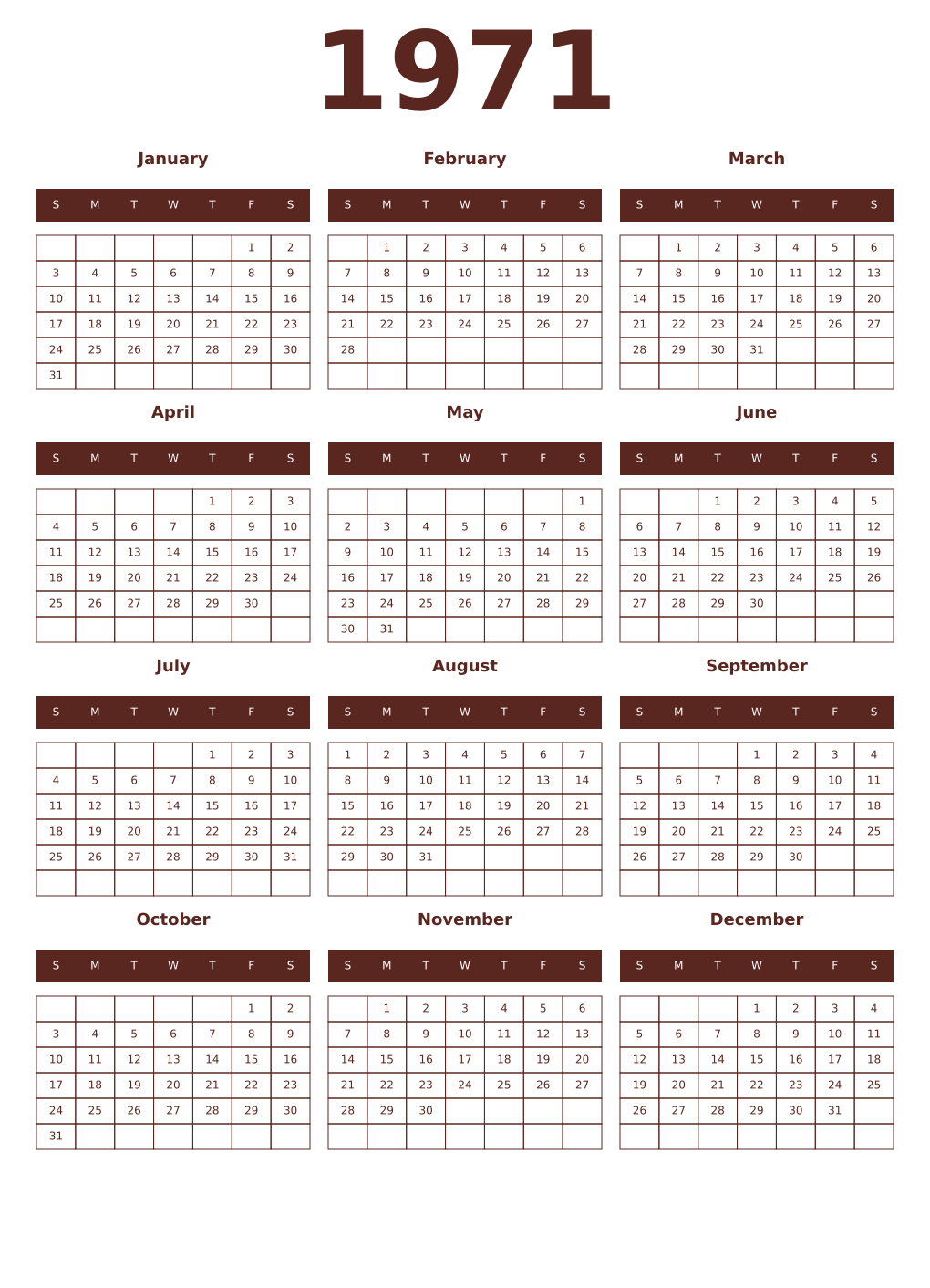 Printable 1971 Year Calendars mortuum