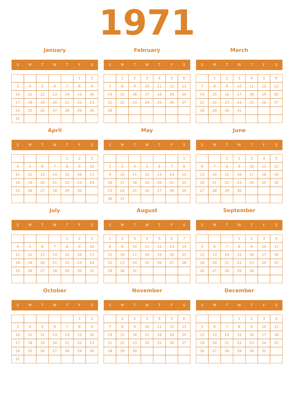 Printable 1971 Year Calendars orange