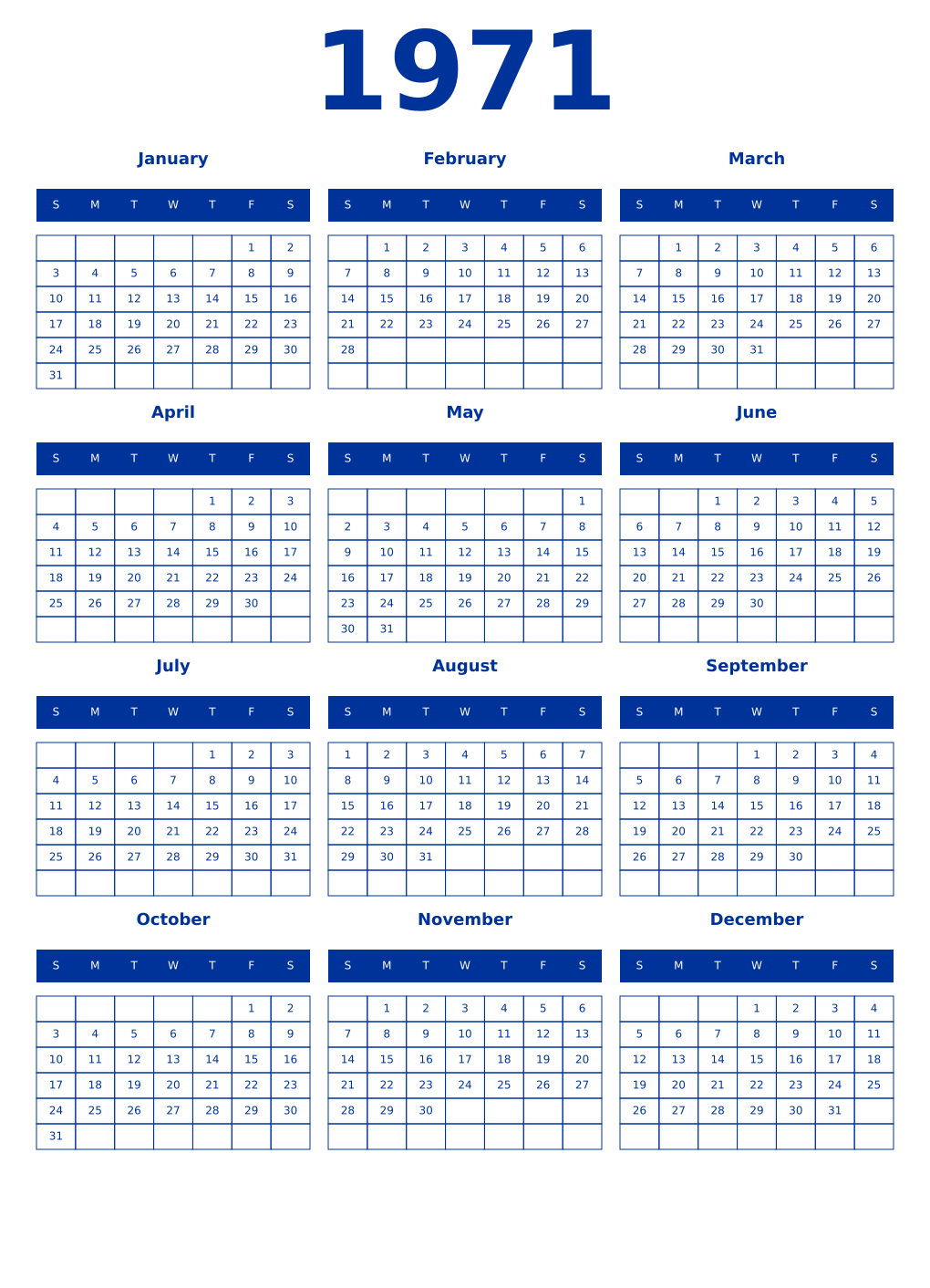 Printable 1971 Year Calendars smalt