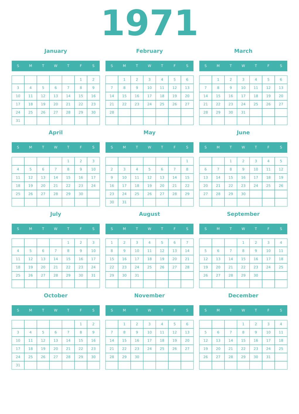 Printable 1971 Year Calendars verdigris