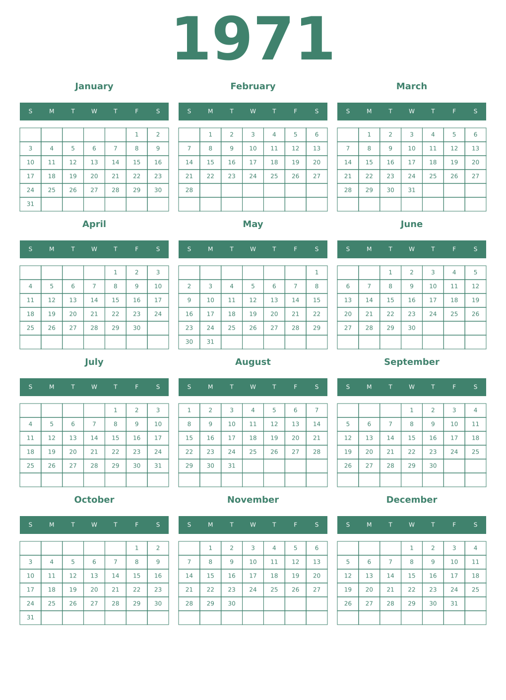 Printable 1971 Year Calendars viridian