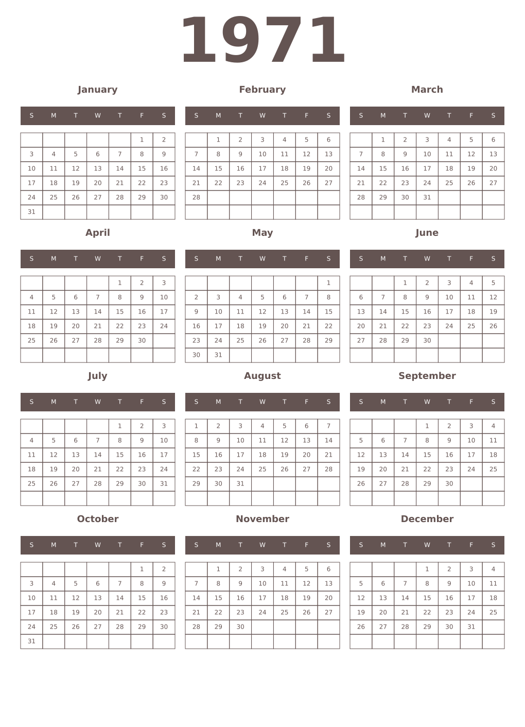 Printable 1971 Year Calendars wenge