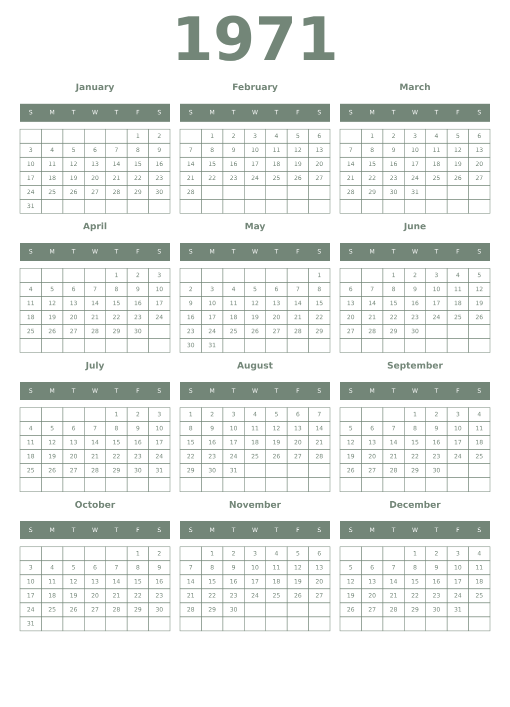 Printable 1971 Year Calendars xanadu