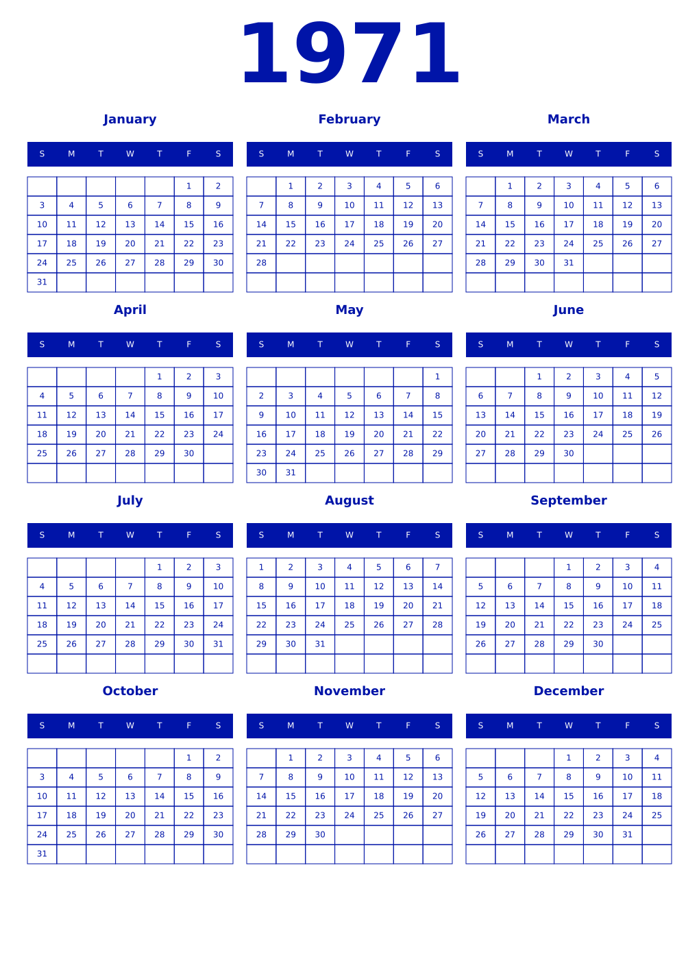 Printable 1971 Year Calendars zaffre