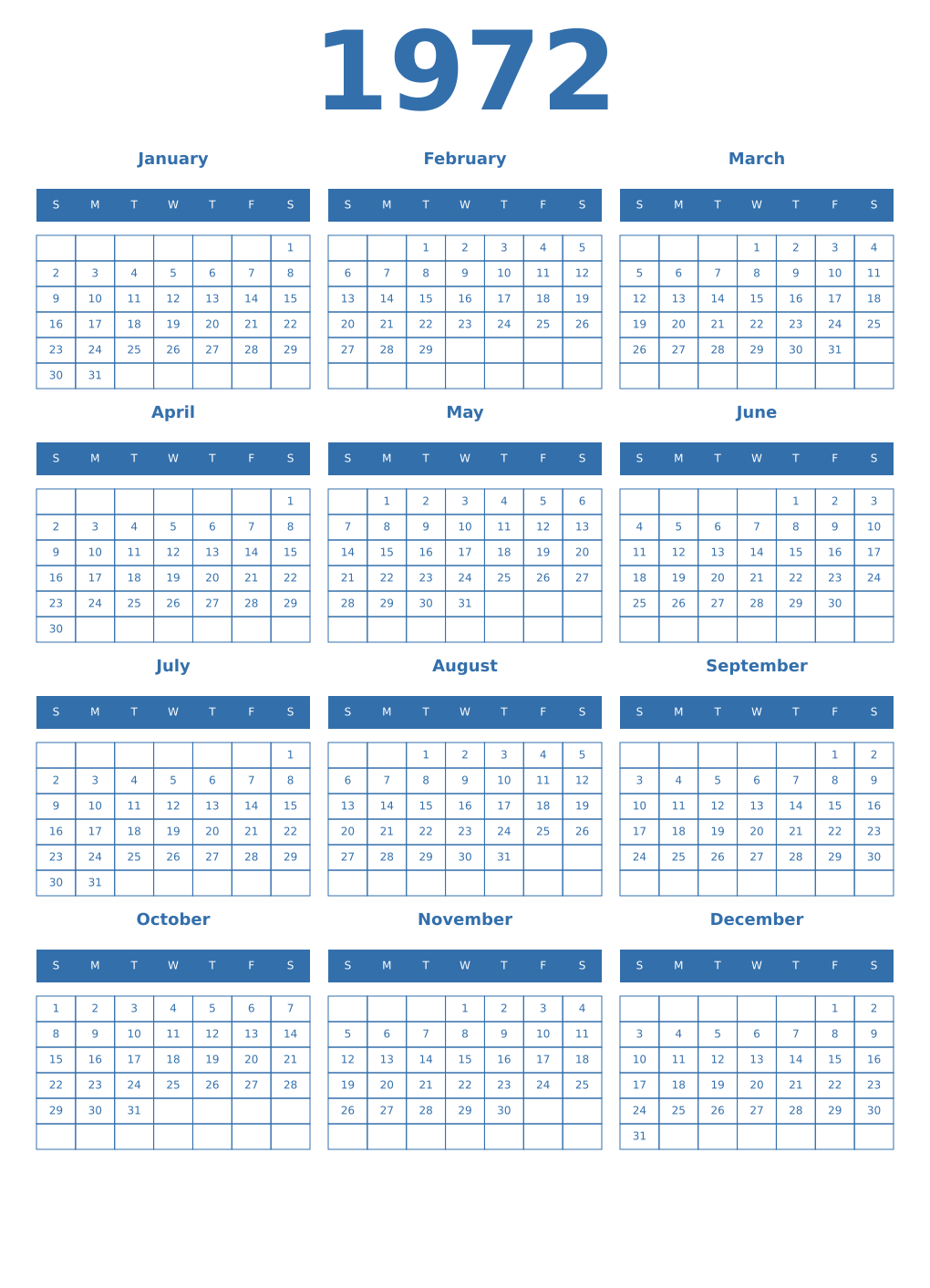 Printable 1972 Year Calendars blue