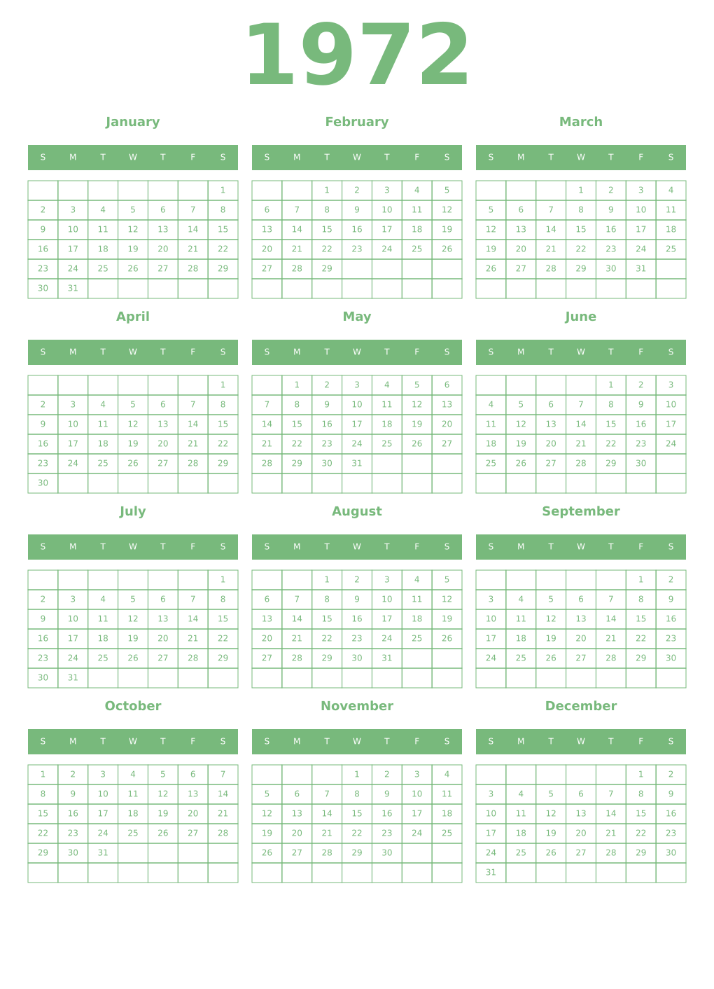 Printable 1972 Year Calendars celadon