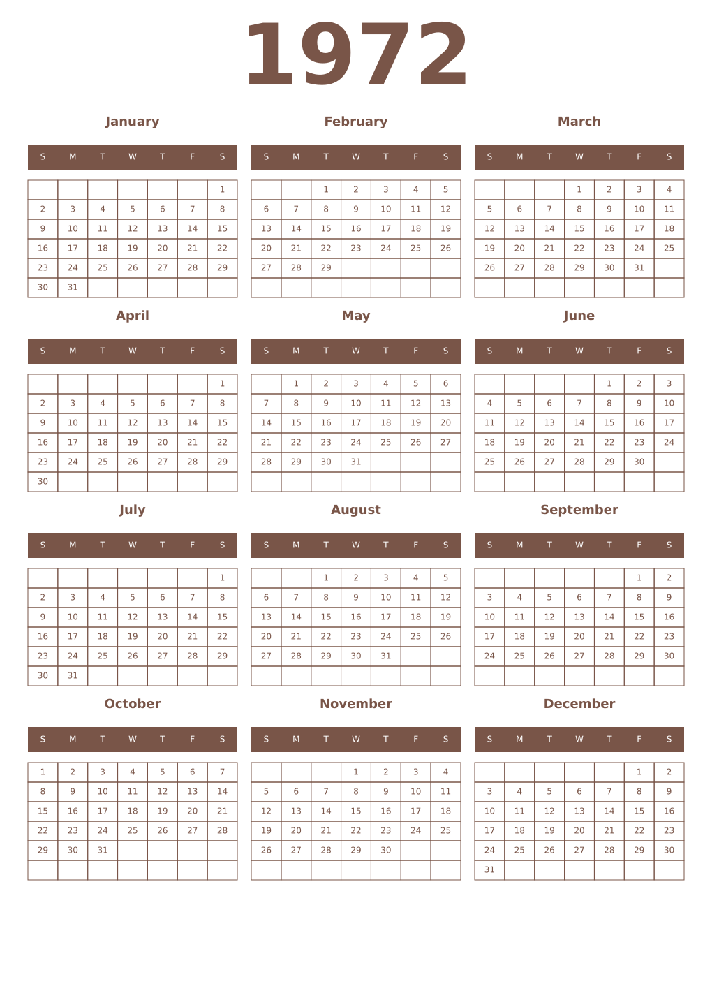 Printable 1972 Year Calendars coffe