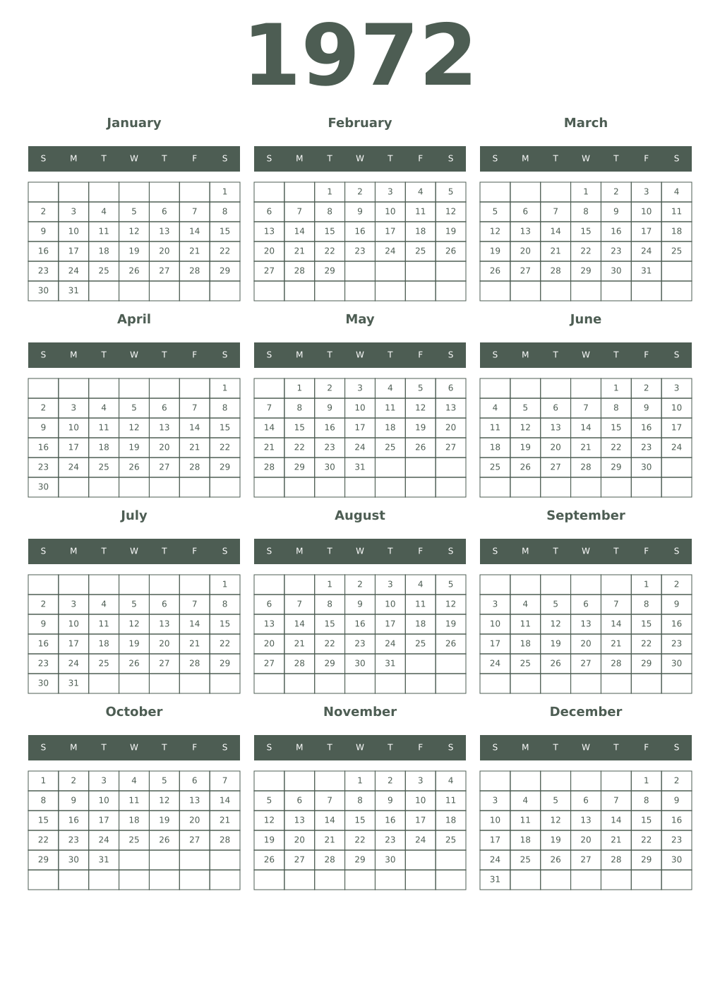 Printable 1972 Year Calendars feldgrau