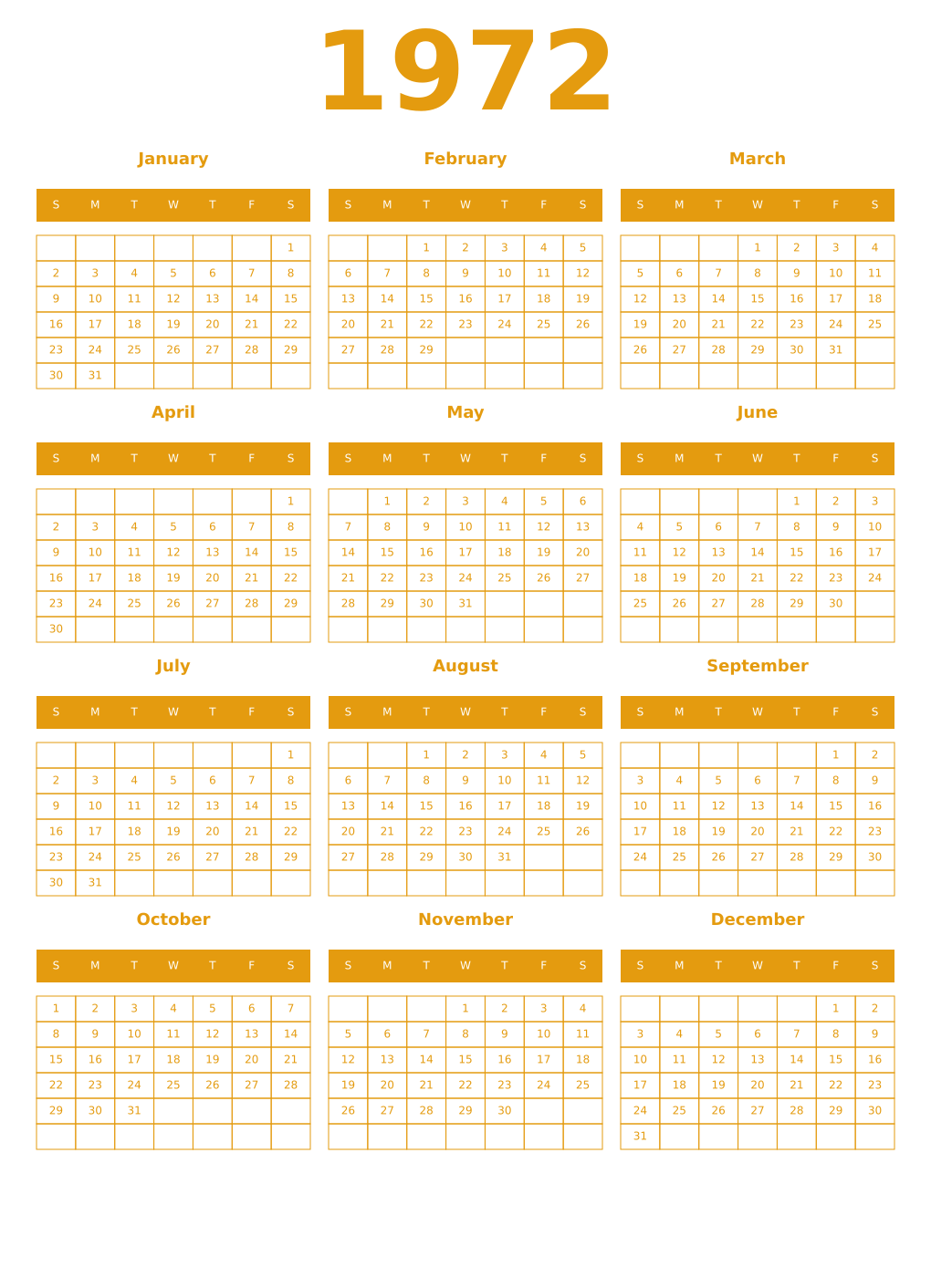 Printable 1972 Year Calendars gamboge