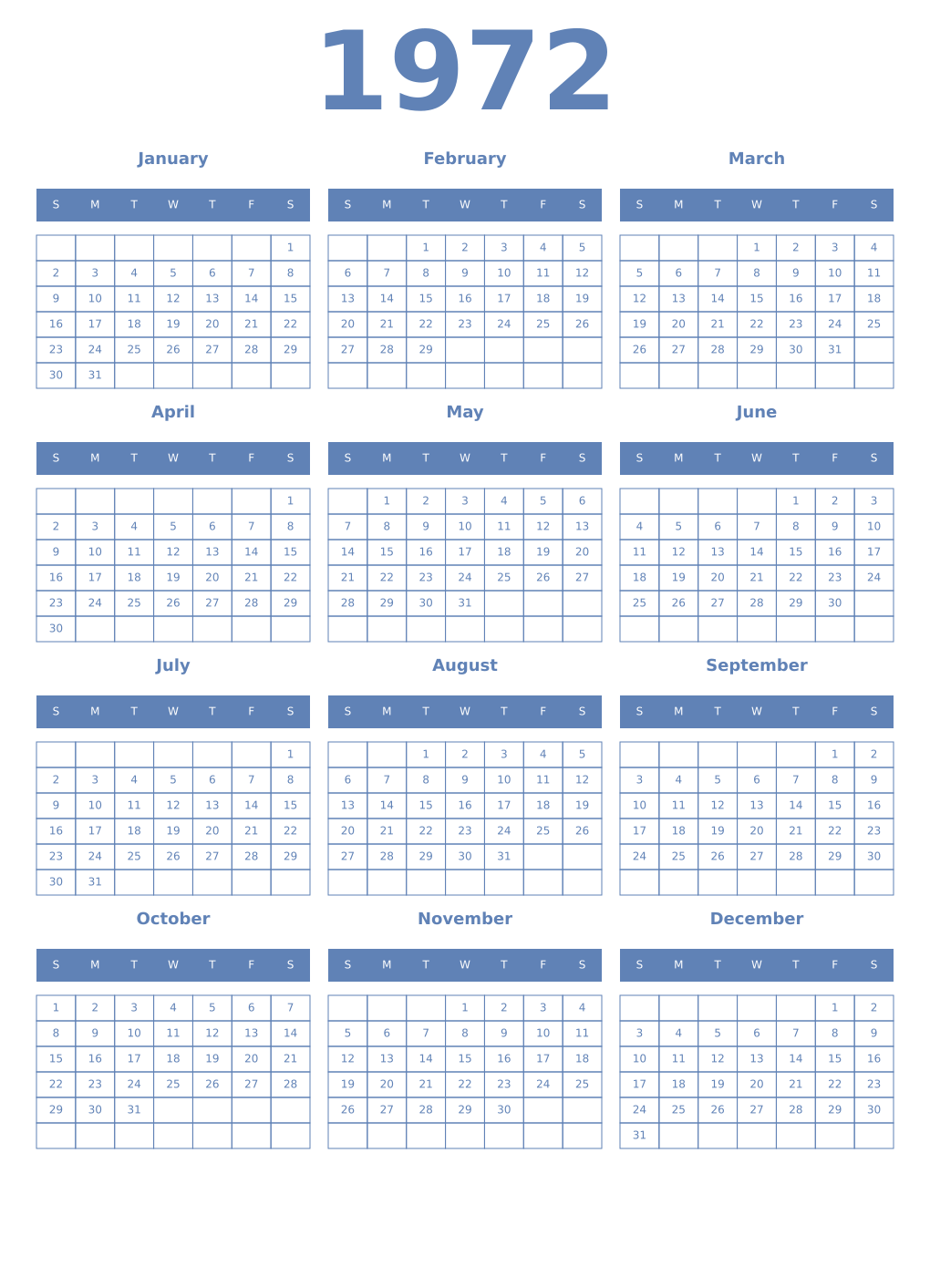 Printable 1972 Year Calendars glaucous