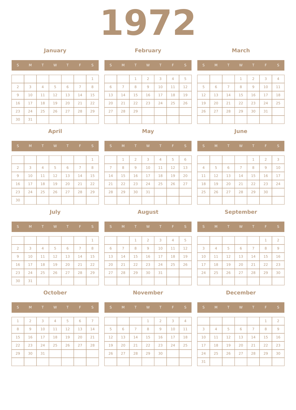 Printable 1972 Year Calendars isabelline