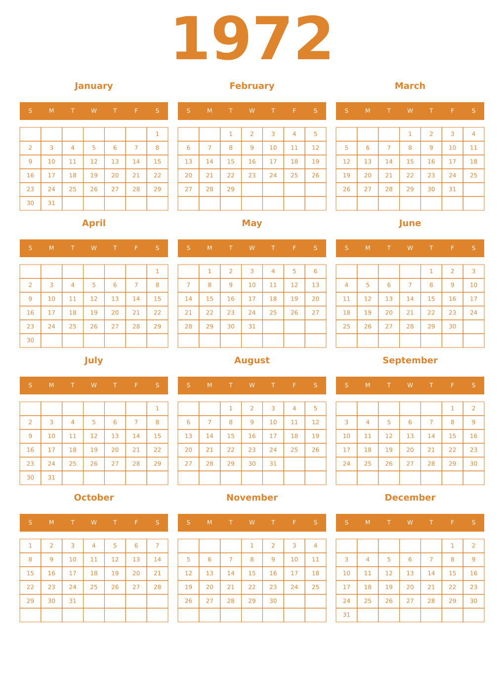 Printable 1972 Year Calendars orange