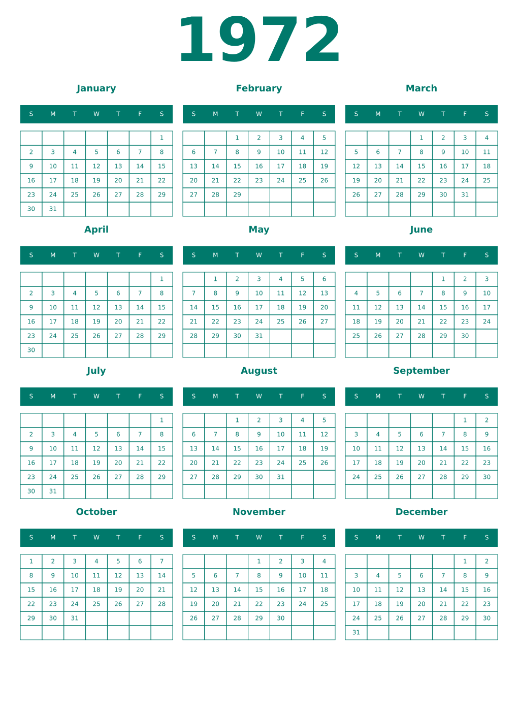 Printable 1972 Year Calendars pastel