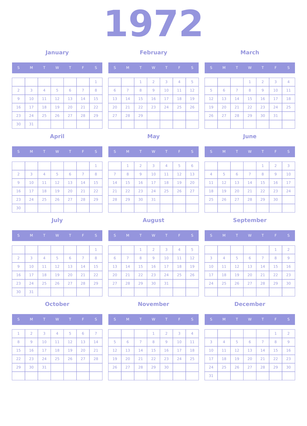 Printable 1972 Year Calendars periwinkle