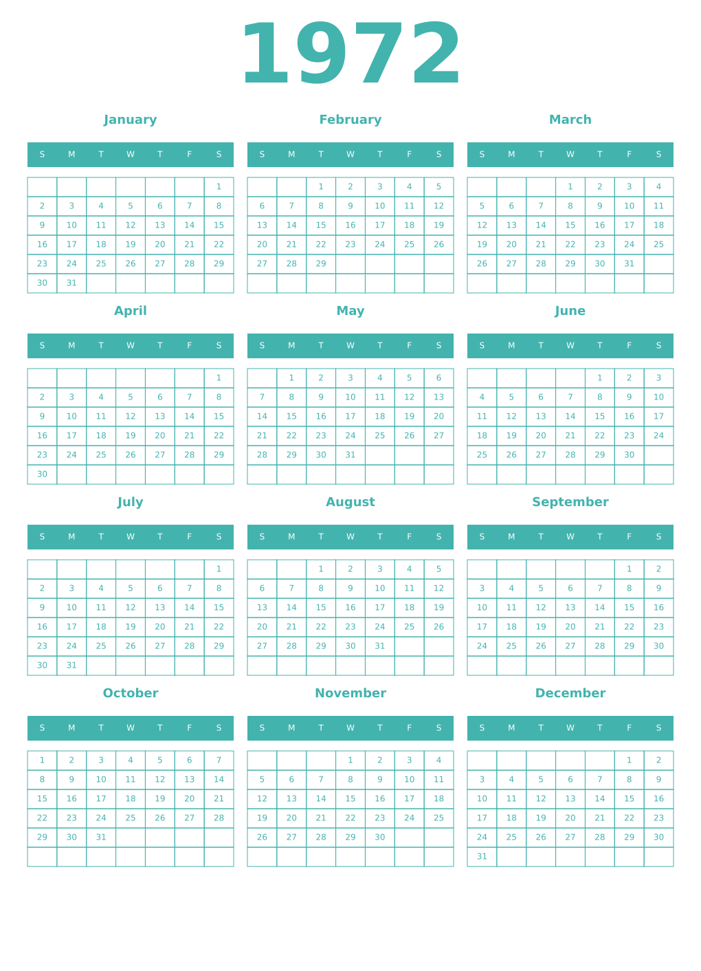 Printable 1972 Year Calendars verdigris