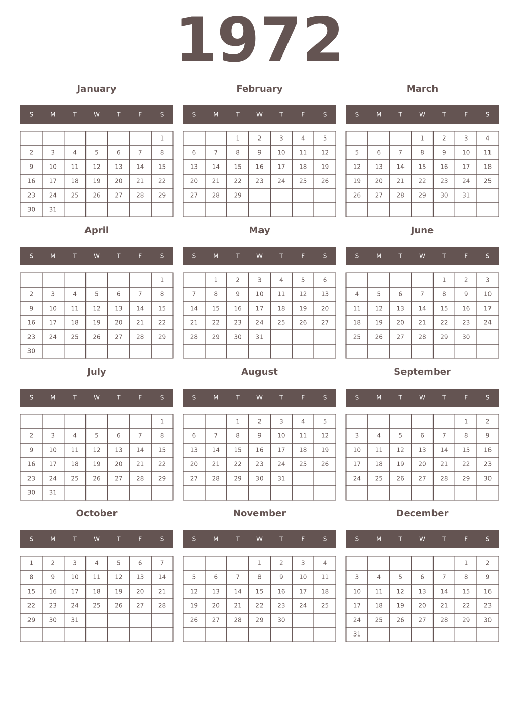 Printable 1972 Year Calendars wenge