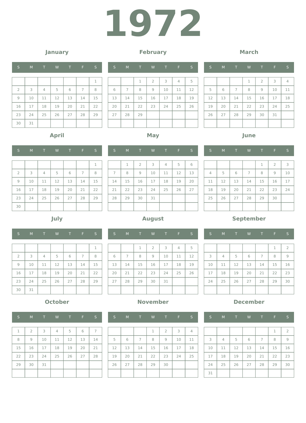 Printable 1972 Year Calendars xanadu