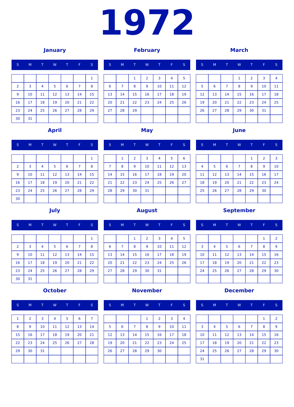 Printable 1972 Year Calendars zaffre