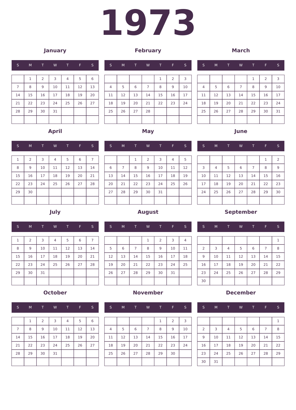 Printable 1973 Year Calendars aubergine
