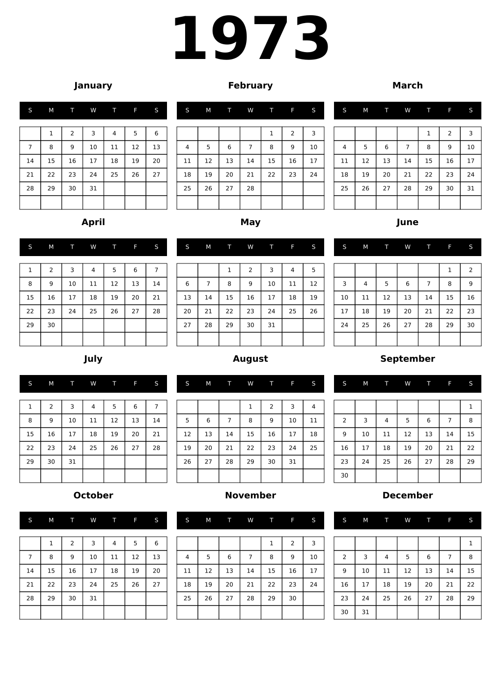 Printable 1973 Year Calendars black