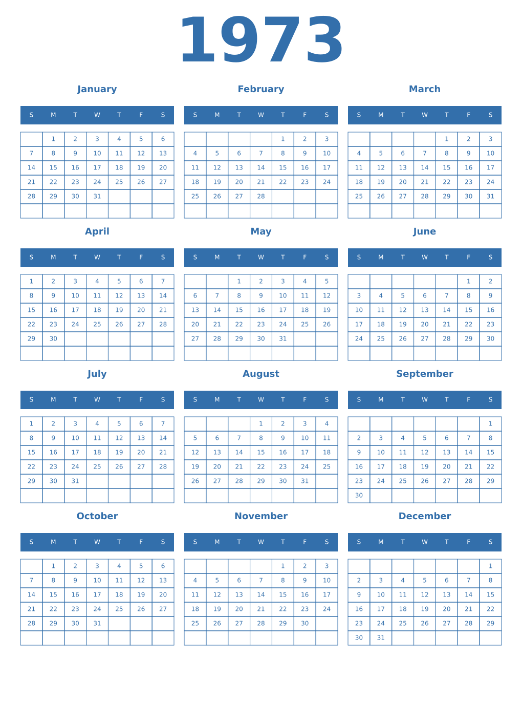 Printable 1973 Year Calendars blue