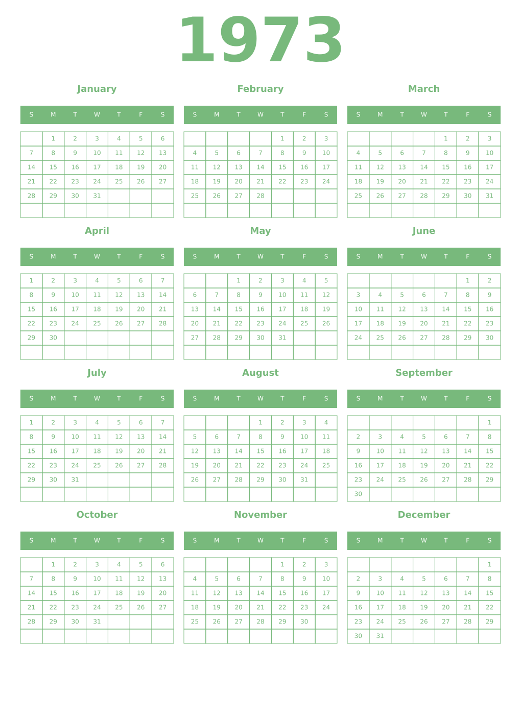 Printable 1973 Year Calendars celadon