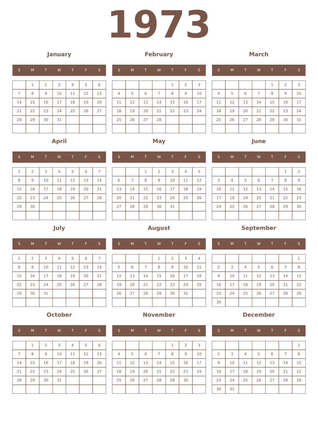 Printable 1973 Year Calendars coffe