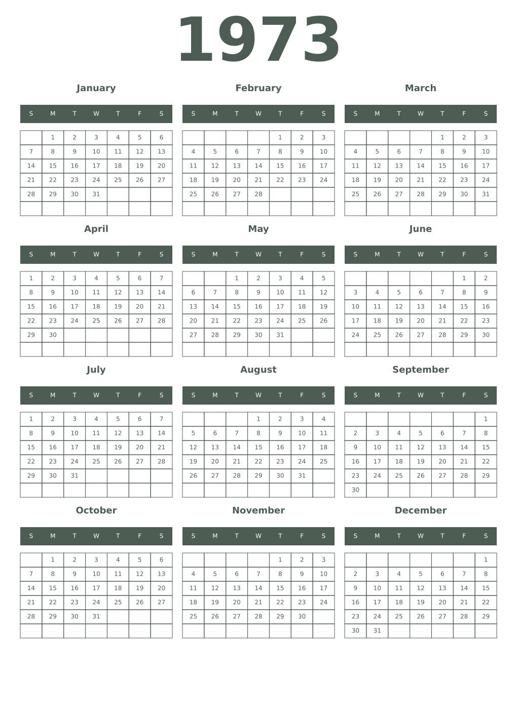Printable 1973 Year Calendars feldgrau