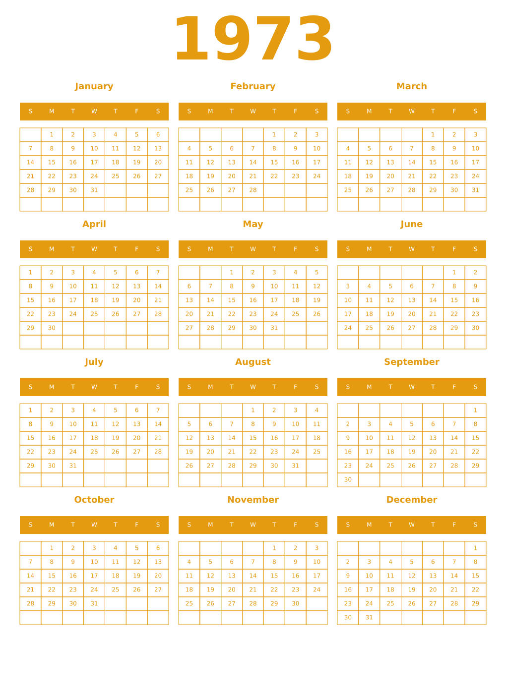 Printable 1973 Year Calendars gamboge