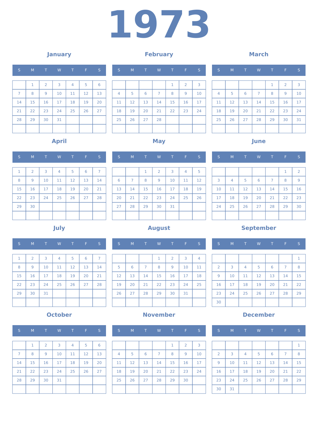 Printable 1973 Year Calendars glaucous
