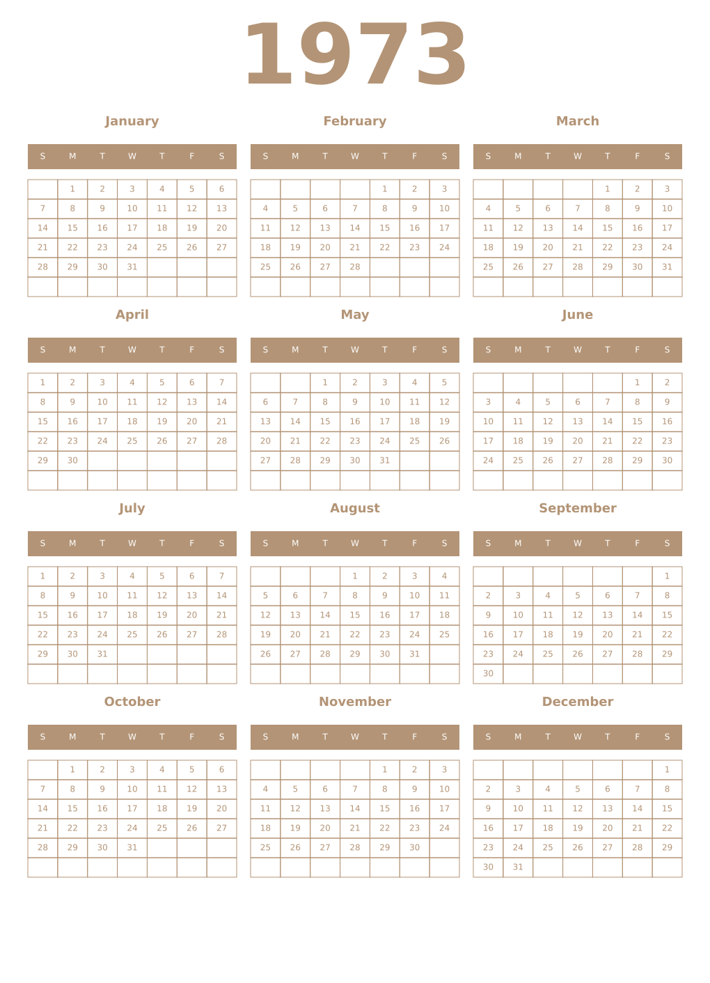 Printable 1973 Year Calendars isabelline