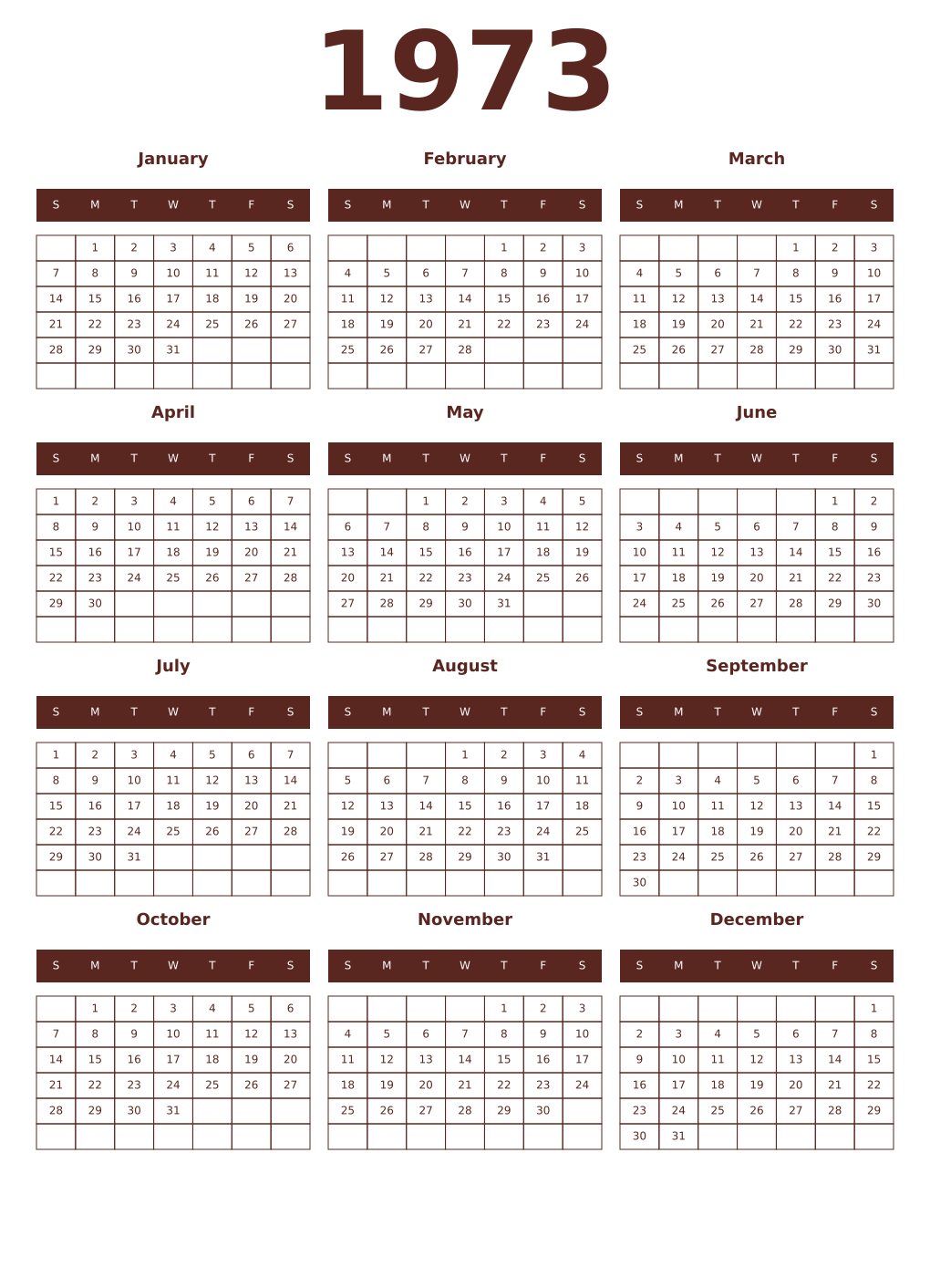 Printable 1973 Year Calendars mortuum
