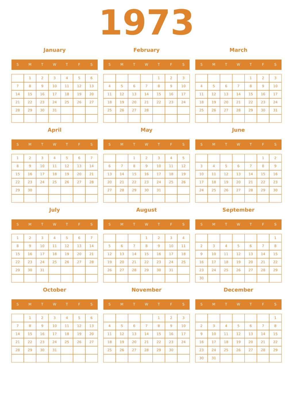 Printable 1973 Year Calendars orange