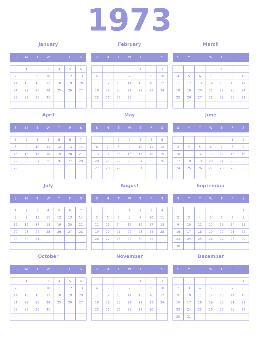 Printable 1973 Year Calendars periwinkle
